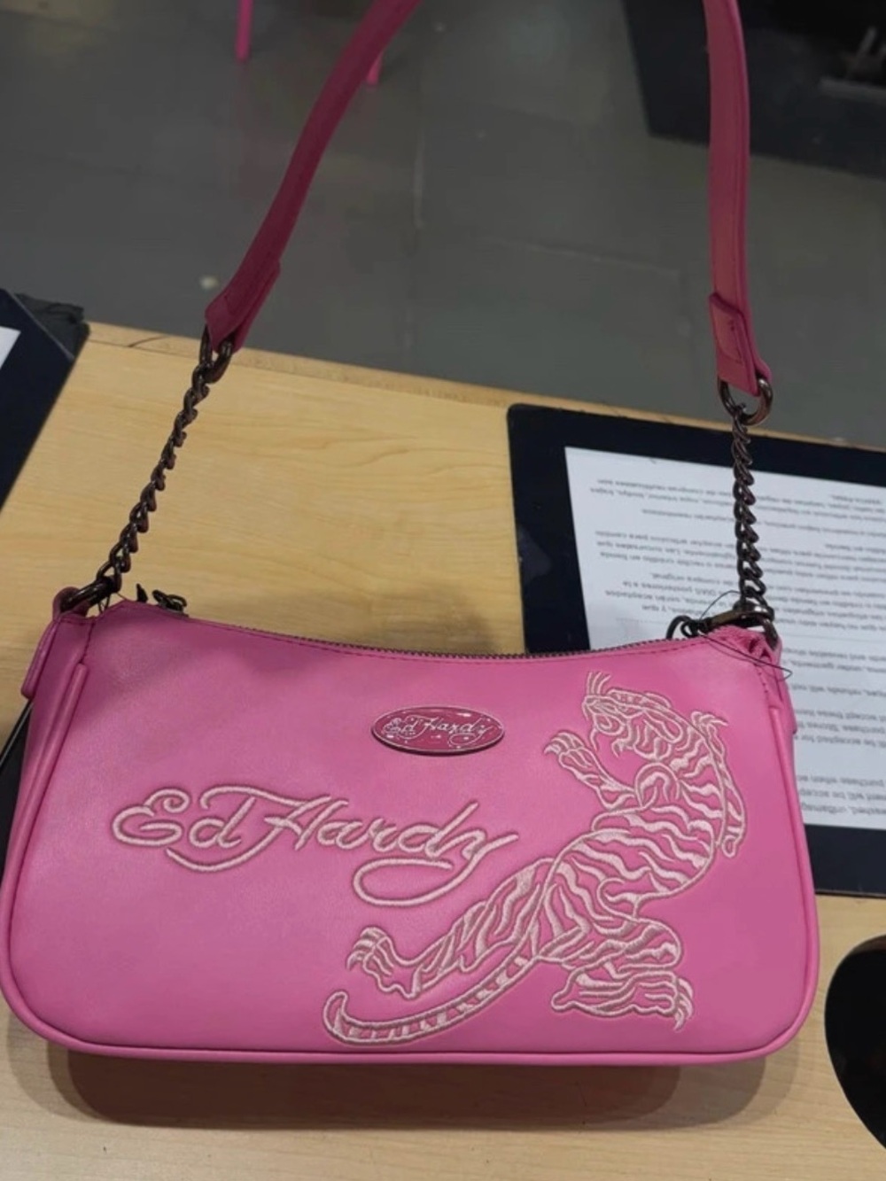 Ed Hardy Hot Pink Embroidered Tiger Shoulder Bag